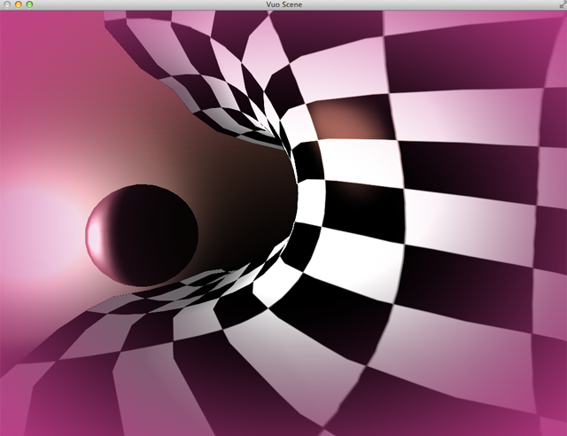 A computer-generated image of a sphere inside a pink and black and white torus