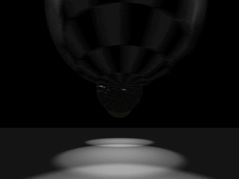 A computer-generated animation of 3 spheres rotating in a dark room