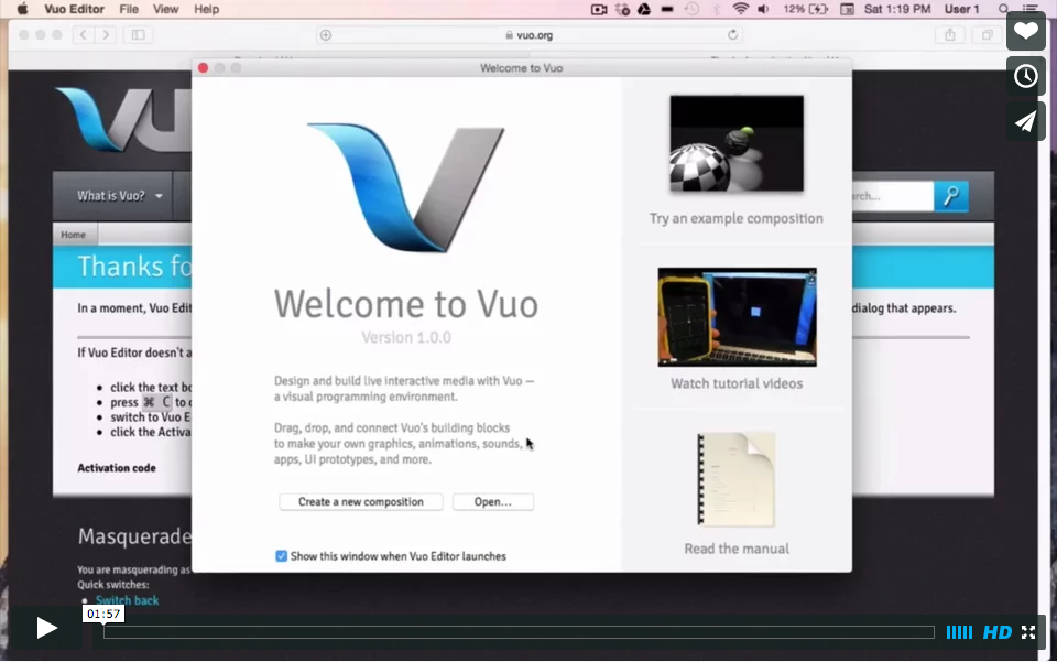 Screenshot of the tutorial 'Getting Started with Vuo — Part 1'