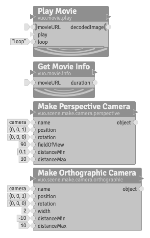 New Vuo nodes: Play Movie, Get Movie Info, Make Perspective Camera, Make Orthographic Camera