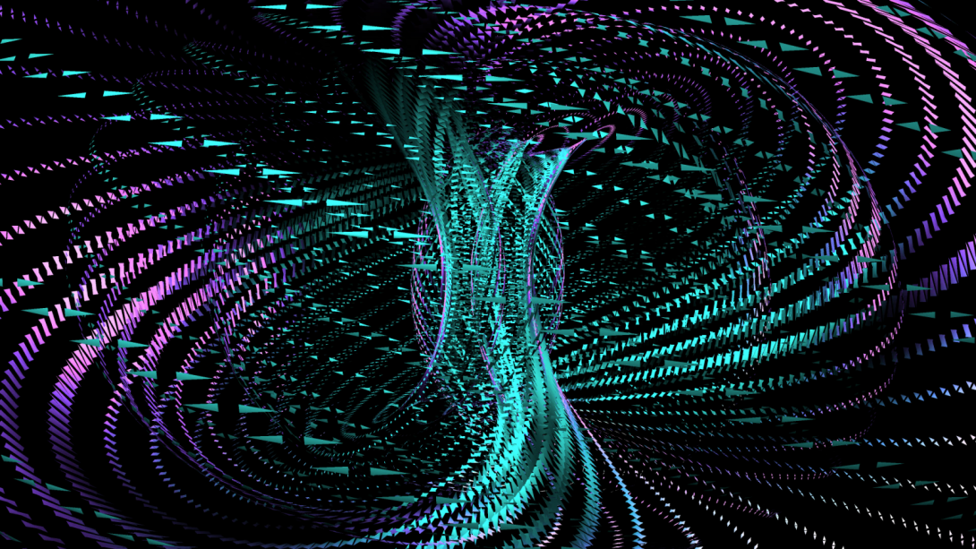 A computer-generated image of swirling green and purple triangles