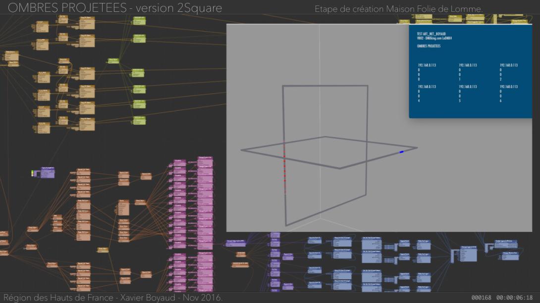 Screenshot of the Vuo composition source and output for Ombres Projeteés