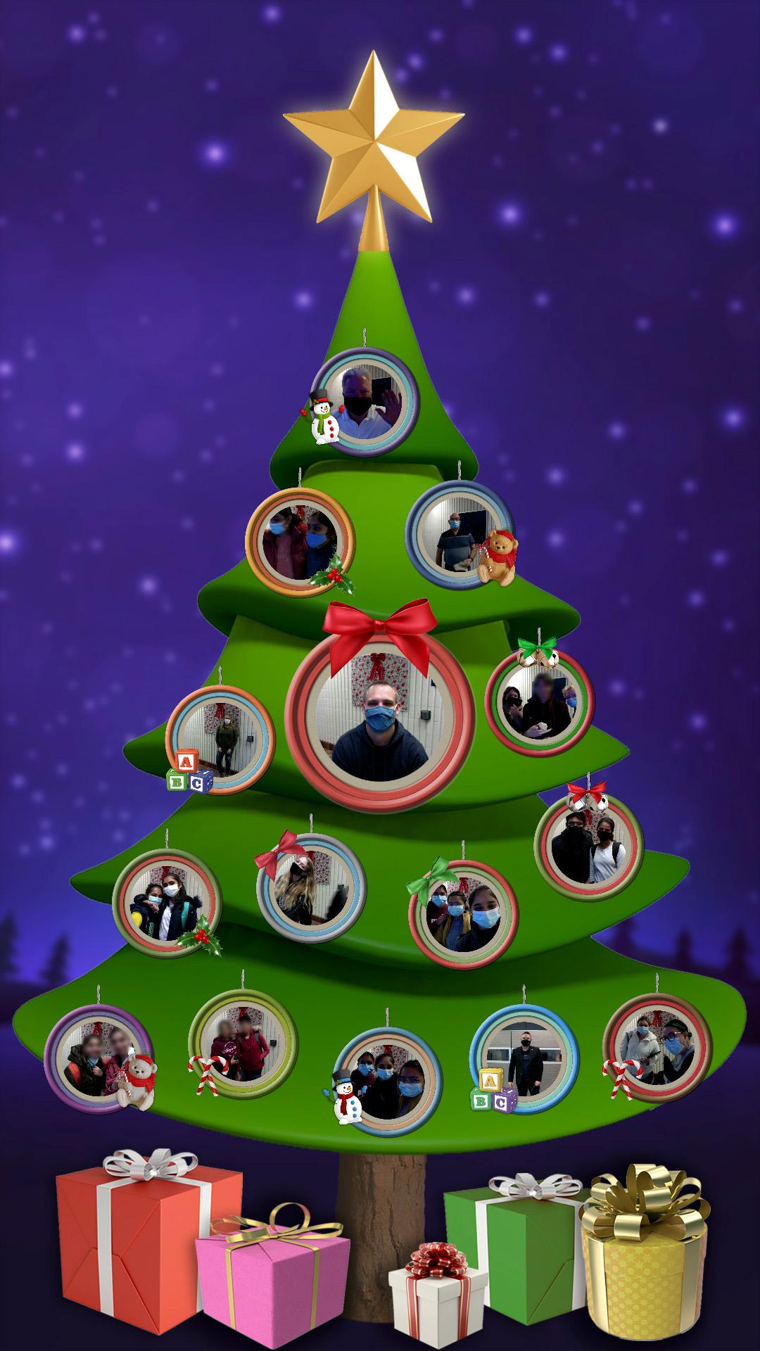 A cartoon-style 3D image of a Christmas tree with wrapped gifts below and a starry sky in the background. On the tree hang circular ornaments, each one framing a photo of 1 to 3 people posing at the photo booth.