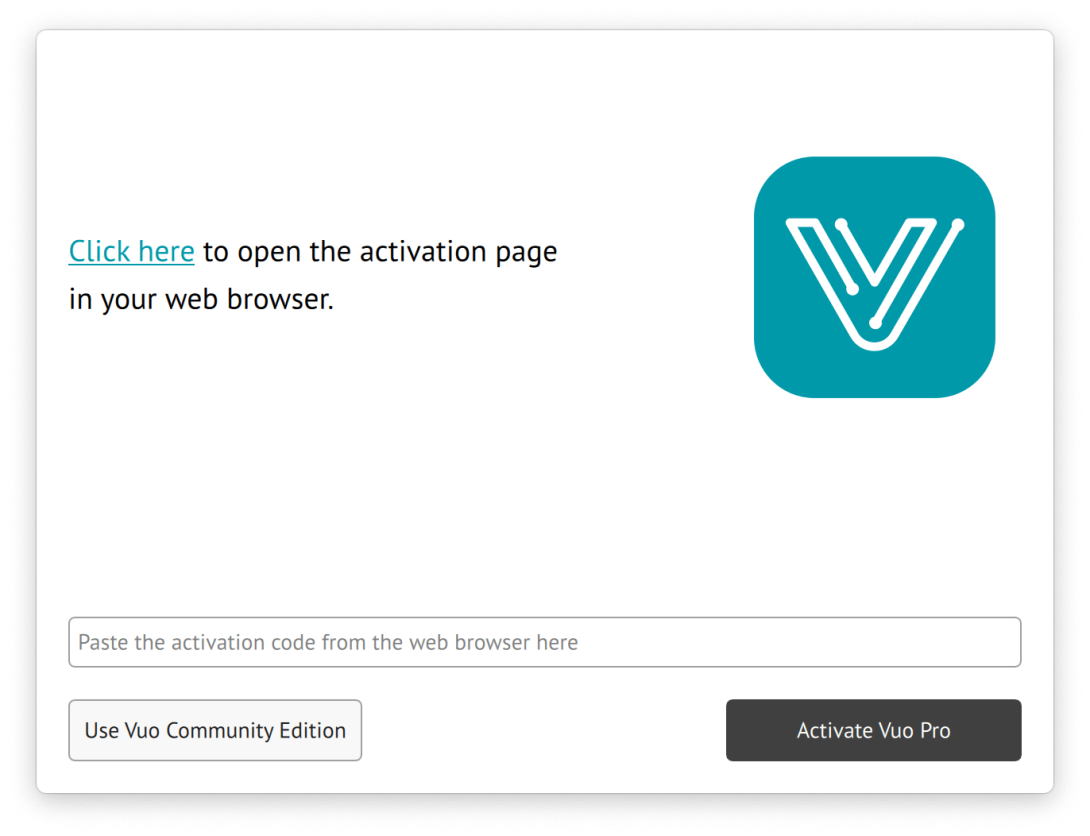 Vuo's Activation dialog, which instructs you to click the link to open the activation page in your web browser