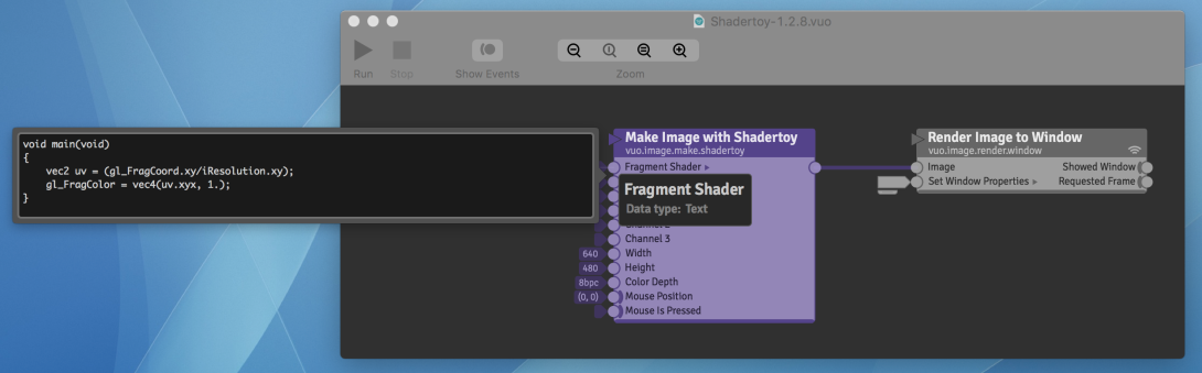 Make Image with Shadertoy node with old syntax in input editor
