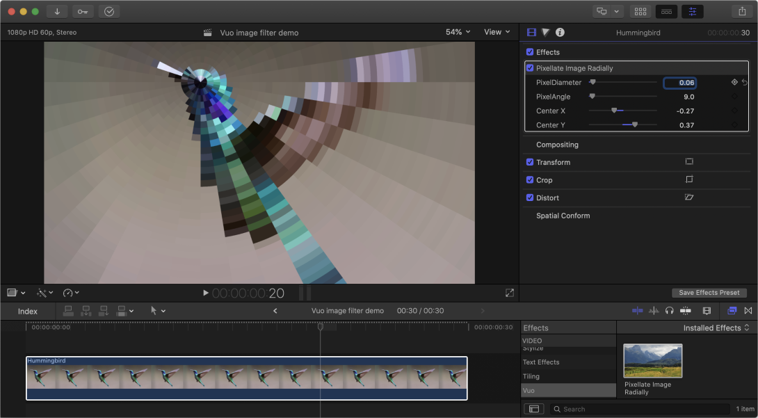 A screenshot of a Vuo composition exported as an FxPlug running in Final Cut Pro