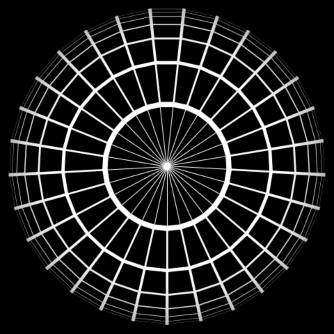 A computer-generated animation of a radial grid of lines which begin to wave and diffract