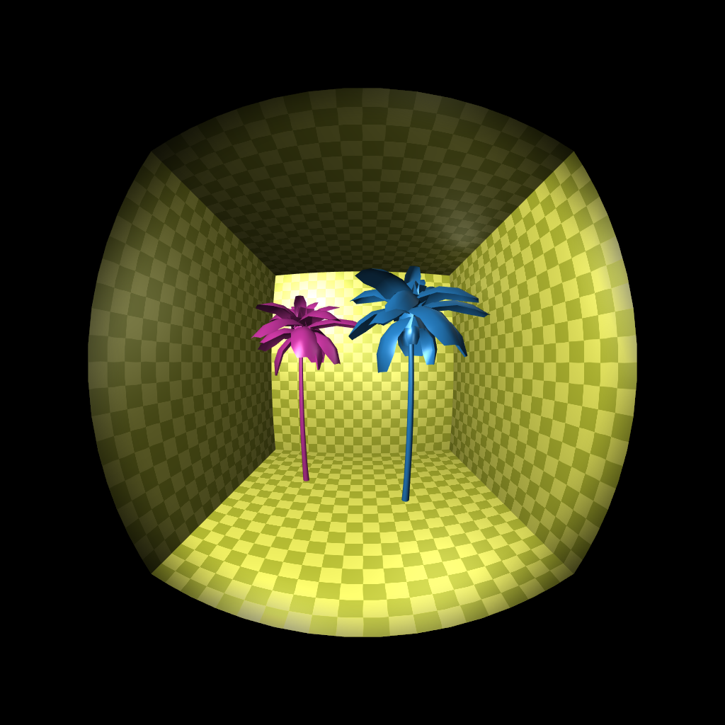 A computer-generated image of two palm trees in a box, rendered using a fisheye projection