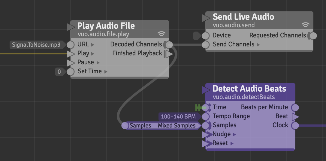 A screenshot of several Vuo audio nodes