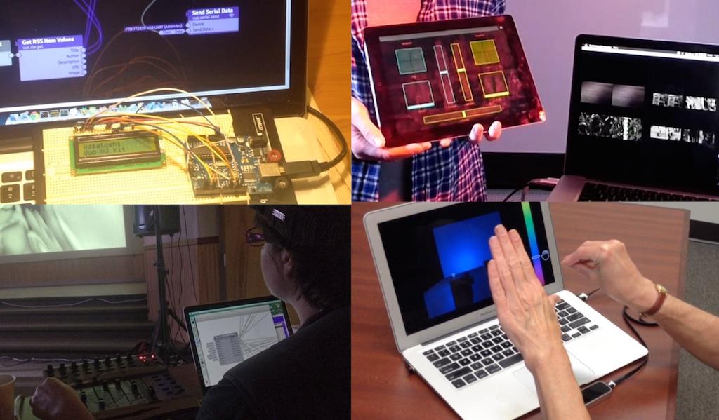 A collage of photos of various interactive hardware controllers that Vuo can interface with