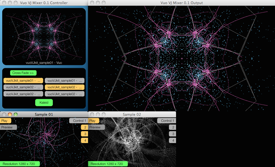 A screenshot of Satoshi's VJ mixer, made with Vuo