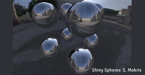 A computer generated image of 8 silver spheres that reflect the background photograph