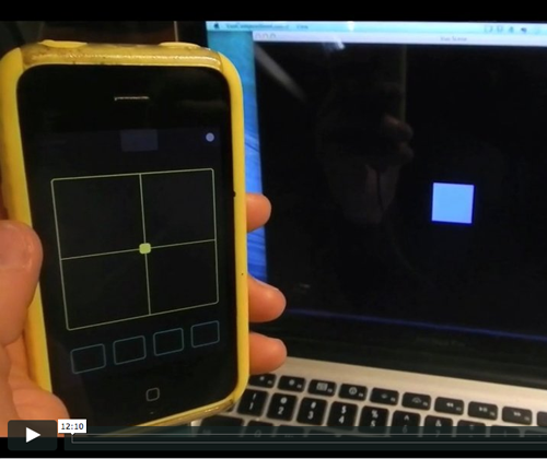 A photo of a phone running TouchOSC controlling a Vuo composition
