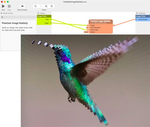 A screenshot of a Vuo composition that applies an image filter to a photo of a bird