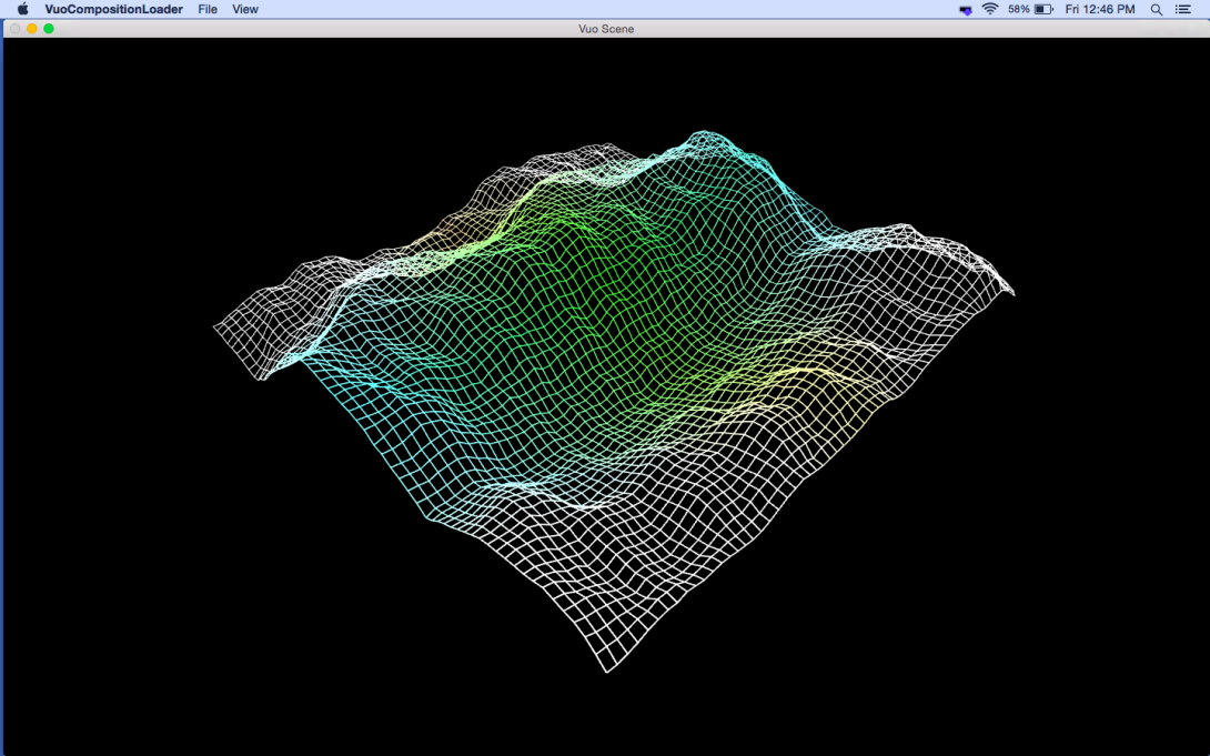 "A screenshot of Vuo 1.1's new 'Make Rugged Terrain' example composition