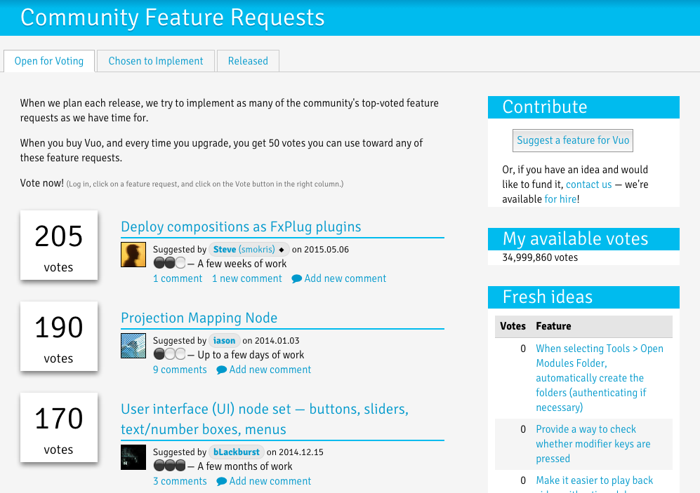 Screenshot of the Feature Requests webpage on vuo.org