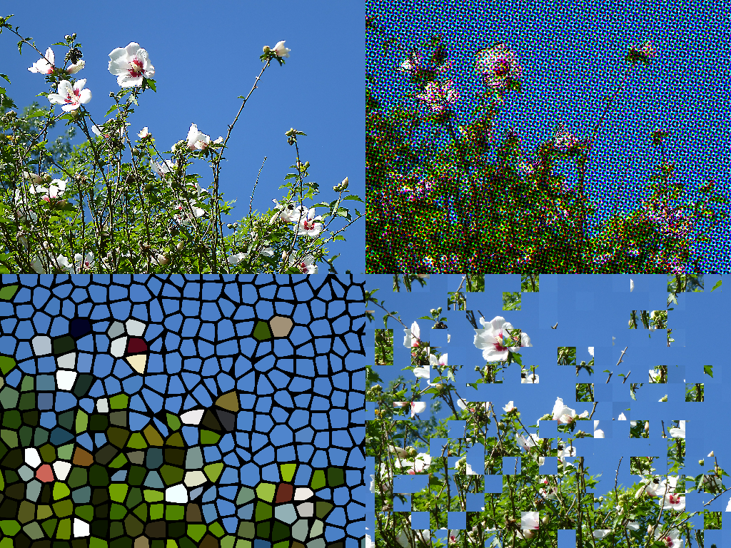 Screenshot of 4 image filters applied to the same image: Sharpen Image, Make CMYK Halftone Image, Make Stained Glass Image, and Scramble Image