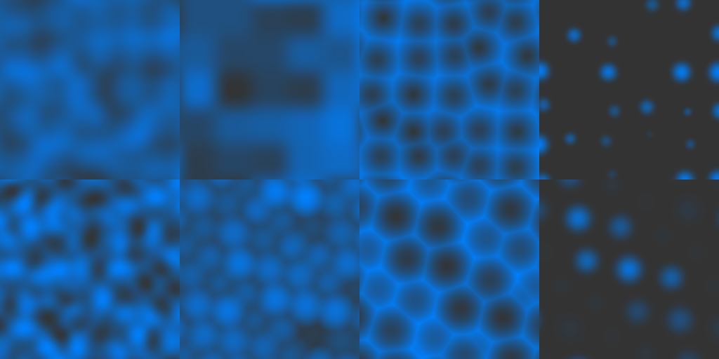Screenshot of gradient noise, value noise, cellular noise, and dot noise, on rectangular and triangular grids
