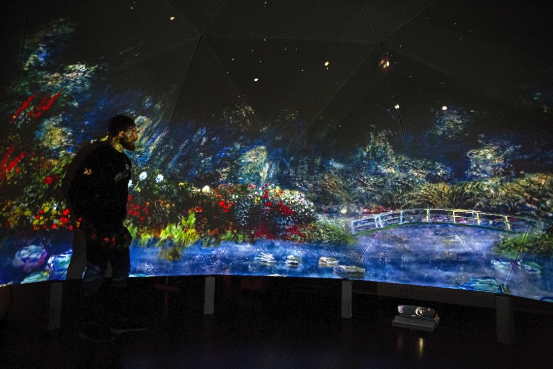Image of Monet's The Water Lilies projected on a large wall. A figure stands on the left, with light projected on them and their shadow cast on the screen, while a projector sits on the floor opposite.
