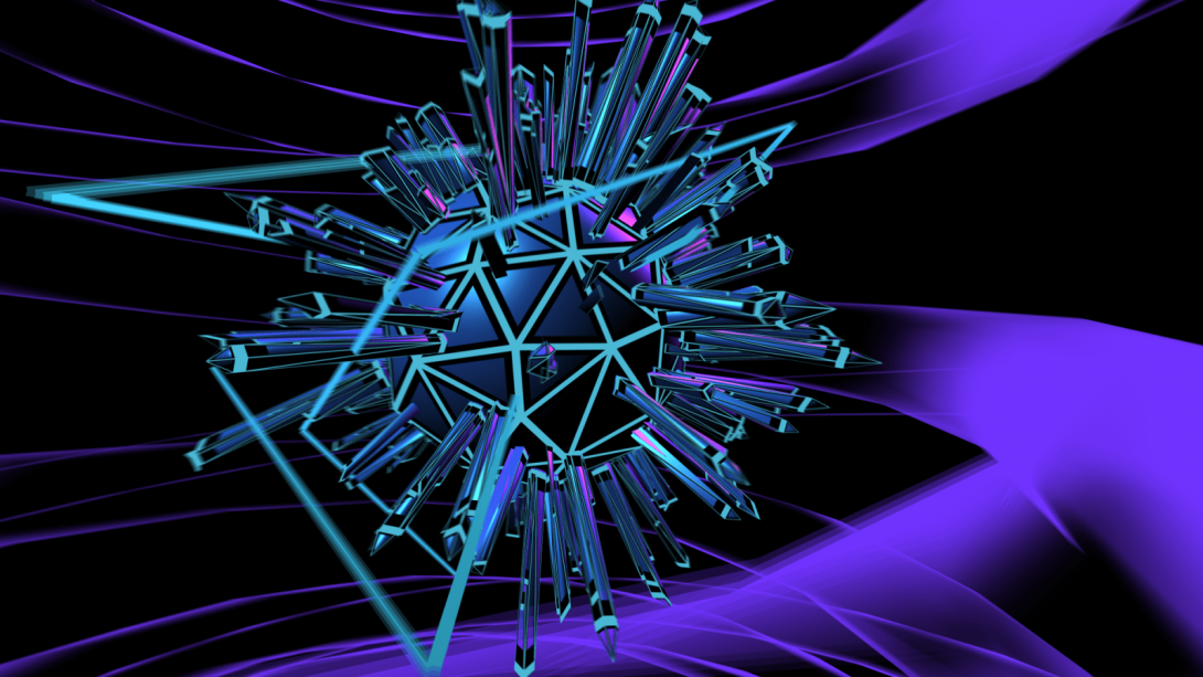 Graphics scene with a polyhedron with pegs sticking out of it