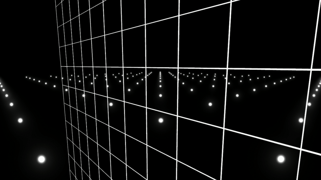 An angled white grid in front of ranks and files of small glowing white spheres, all floating within a black background