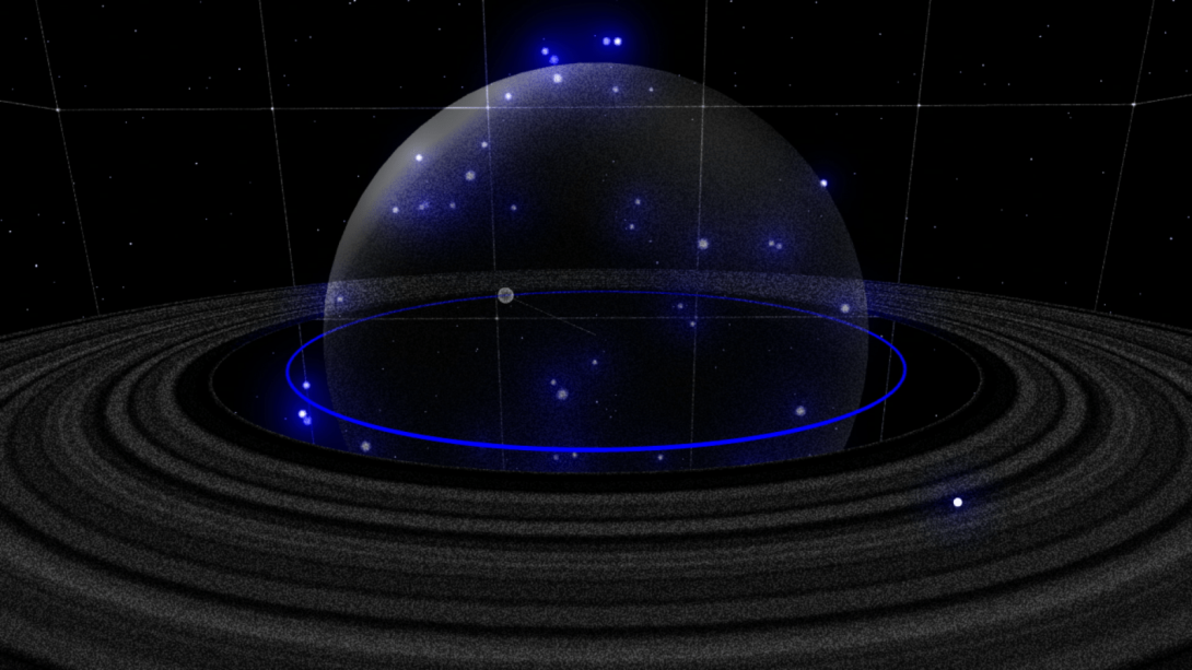 Ghostly outline of a planet surrounded by grainy rings, with small bright orbs floating close to the planet, and the scene overlaid with a faint grid