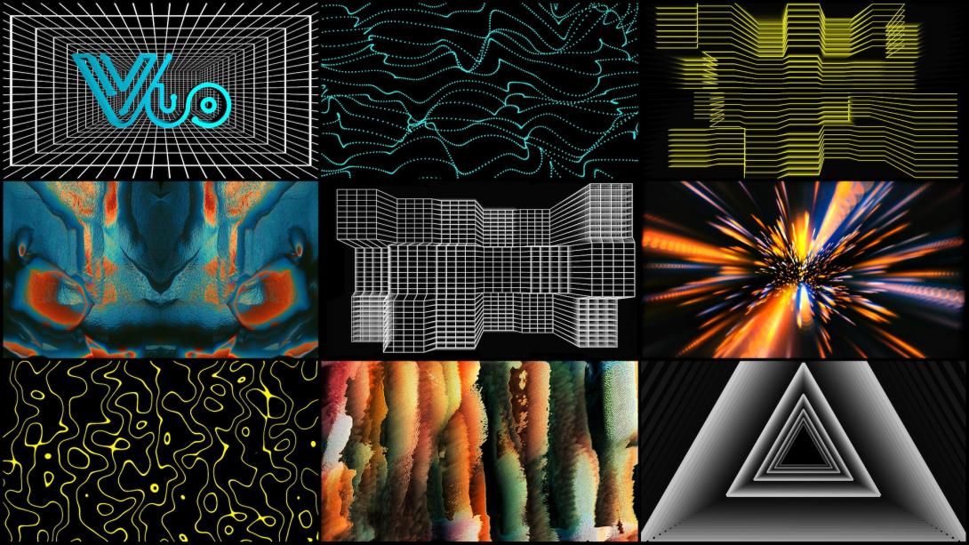 Grid of 9 landscape-oriented visuals in 3 rows of 3 columns.  Each image is from a Motus.Lumina visualization project, with dot, straight line, and color-blast visualizations. Upper left corner includes the word Vuo superimposed over the image.