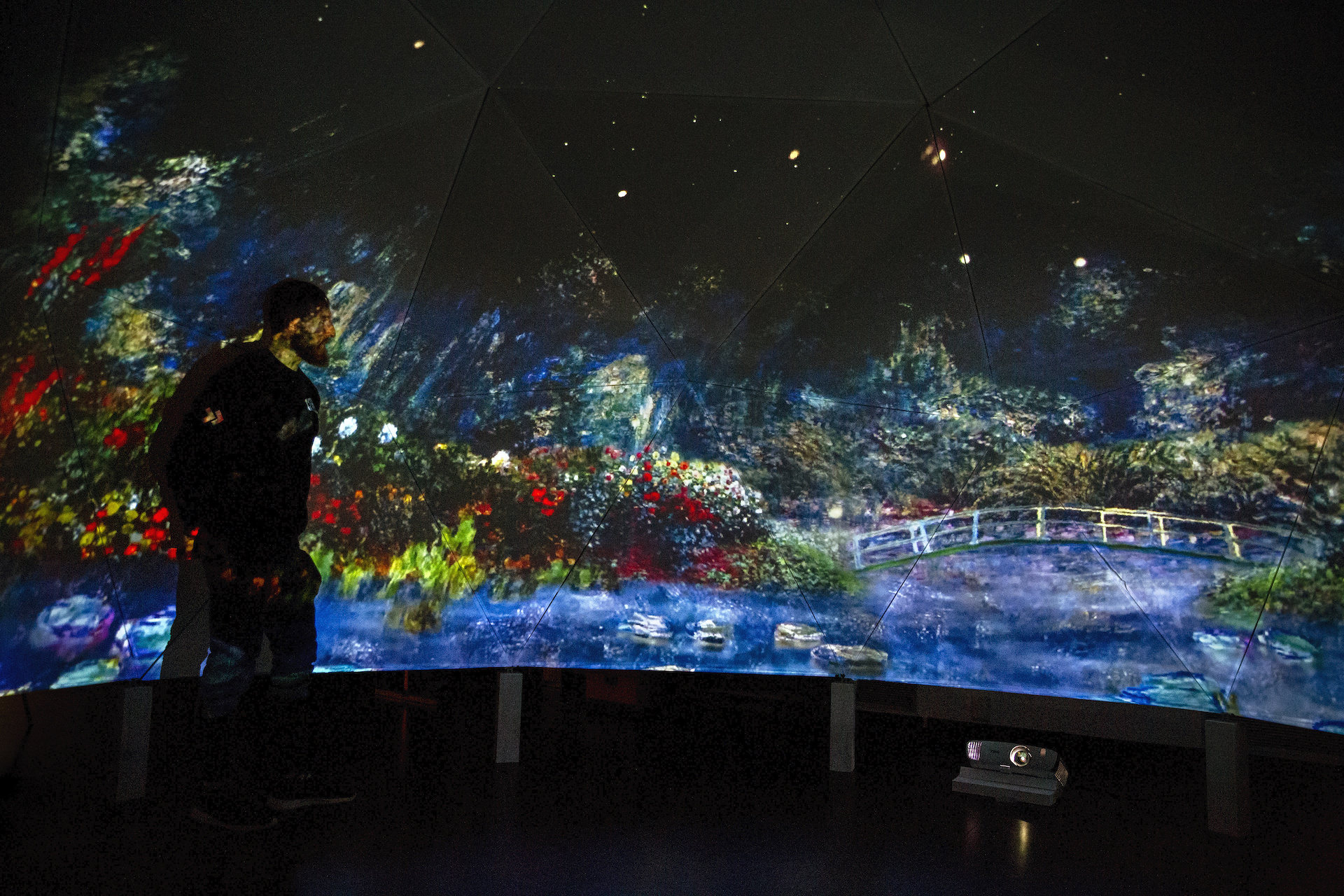 A nighttime scene of a garden with a pond and footbridge, painted in the style of Monet, projected on a large wall. A figure stands on the left, with light projected on them and their shadow cast on the screen, while a projector sits on the floor opposite.