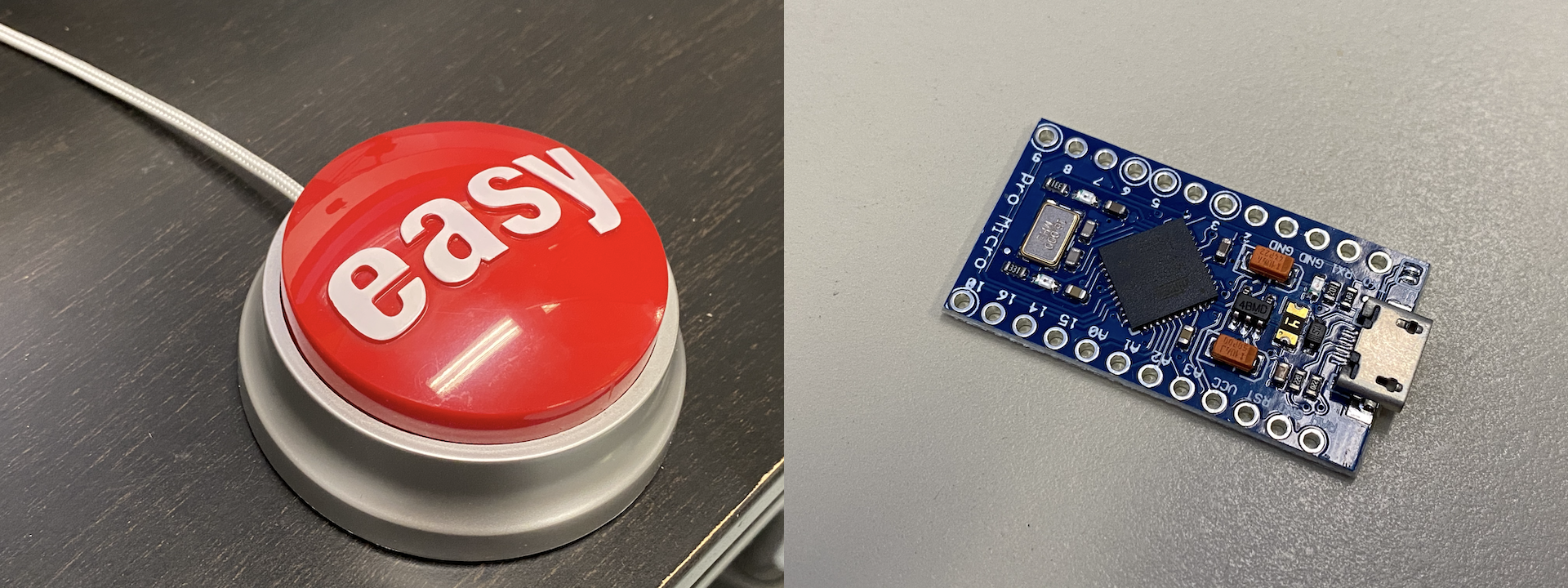 Two photos. One shows a red plastic button about the size of an adult's palm labeled with the word 'easy'. The other shows a circuitboard with I/O pins along the long edges and a metal port on one end.